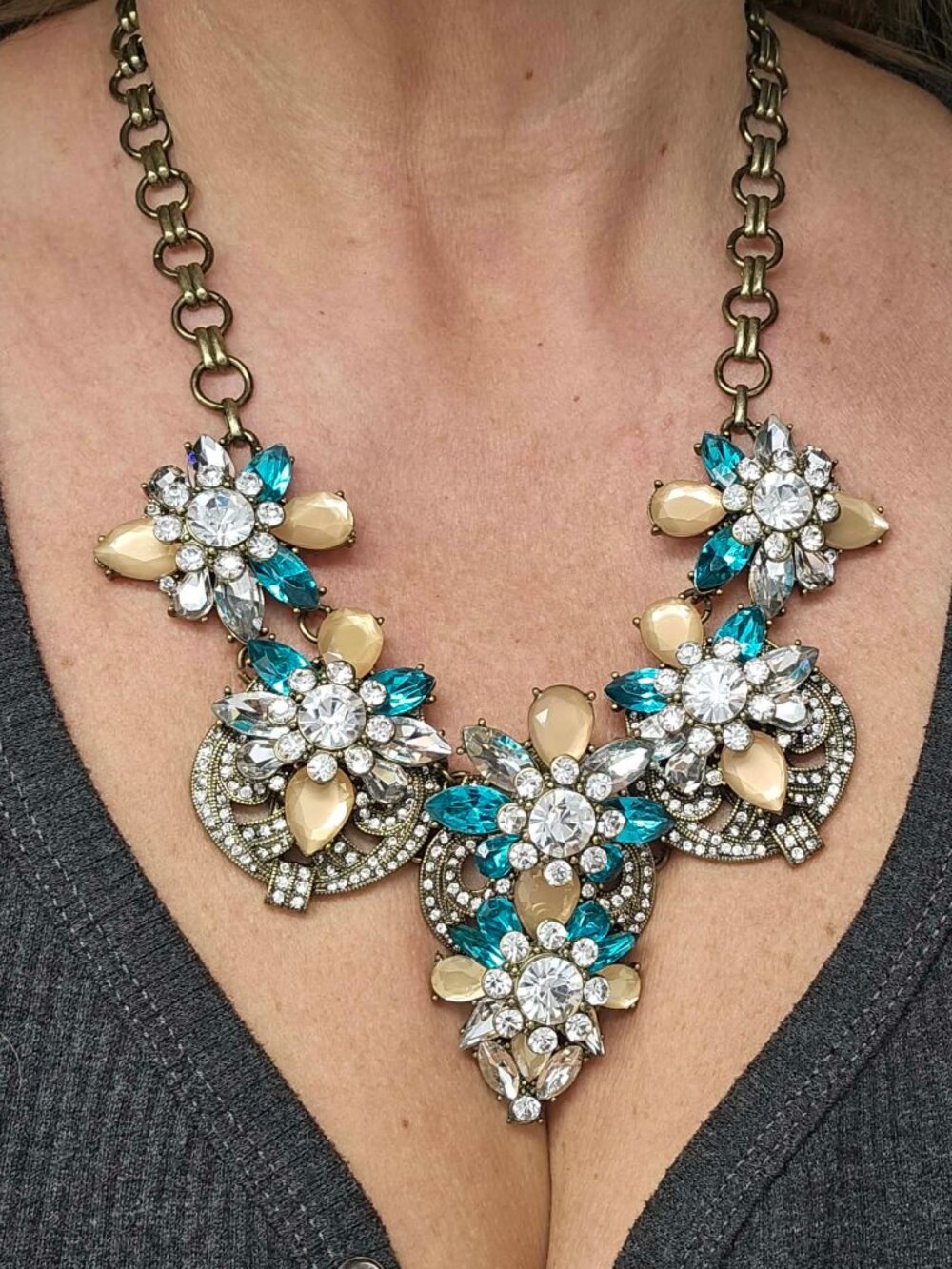 Joan Rivers Rhinestone Floral Statement necklace Teal Peach White, Gold Tone